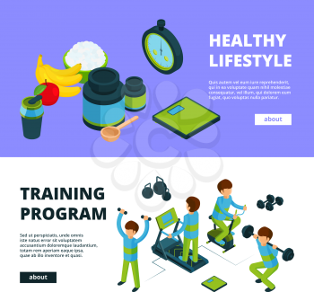 Sport banners isometric. Health exercises fitness athletic peoples sports competition vector 3d illustrations. Illustration of sport gym and fitness workout
