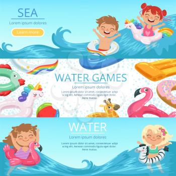 Horizontal banners set with illustrations of happy childrens playing on the beach and water park. Summer happy play game in pool, resort holiday vector