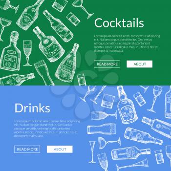 Vector hand drawn alcohol drink bottles and glasses horizontal web banners illustration