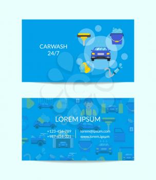 Vector business card template for car washing service with flat icons illustration isolated on white