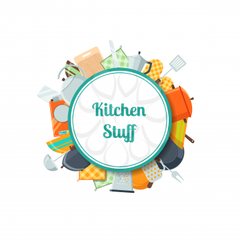 Vector kitchen utensils flat icons under circle with place for text illustration