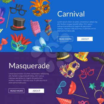 Vector horizontal web banners or poster illustration with masks and party accessories