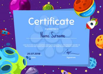 Vector children diploma or sertificate template with with cartoon space planets and ships illustration