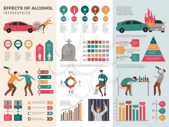 Alcoholism infographics. Dangerous drunk driver alcoholic health vector template with graphics and charts. Effect of alcohol infographic, driver acciden illustration