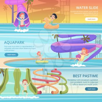 Water park banners. Aqua games funny pleasure for kids at pool playground with water slide and rubber castle vector cartoon pictures. Water game in pool aqua-park, banner entertainment illustration