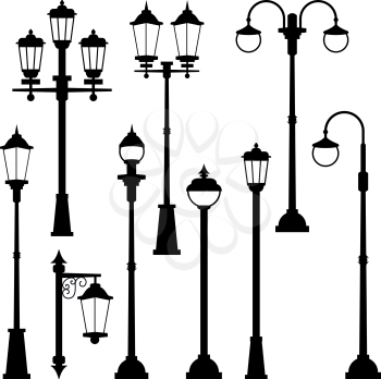 Old street lamps set in monochrome style. Vector illustrations isolate. Urban lantern streetlight classic