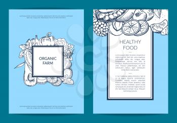 Vector handdrawn fruits and vegetables vegan, healthy food card, brochure, flyer template with frames illustration