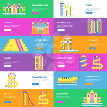 Horizontal banners with pictures of tools for water park and childrens playground. Vector aquapark and waterpark, waterslide summer illustration