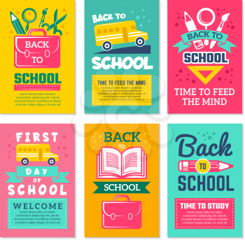 Cards with schools symbols. Back to school cards template isolate. Banner first day school, welcome banner vector illustration