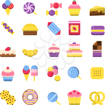 Sweets icon. Chocolate candy biscuits ice cream pie vector colorful symbols. Ice cream and bakery, snack and lollypop illustration
