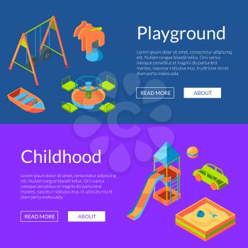 Vector isometric playground objects horizontal web banners of set illustration. Childhood and fun cards
