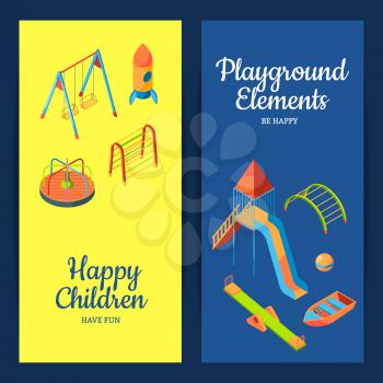 Vector isometric playground objects vertical web banners or color poster illustration