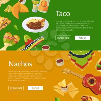 Vector cartoon mexican food web banner templates illustration. Colored poster with food