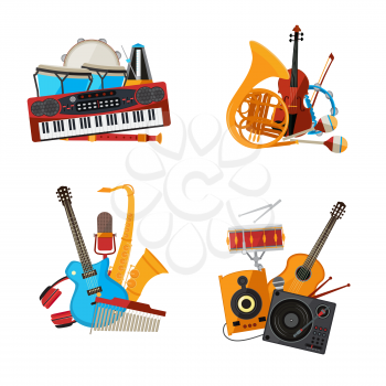 Vector cartoon musical instruments piles set isolated on white background illustration. Musical drum and guitar, trumpet and violin