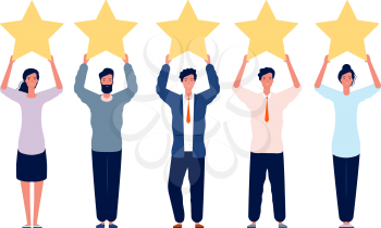 Rating concept. Characters holding gold five stars for positive feedback good review vector flat picture. Illustration rating stars, good feedback review