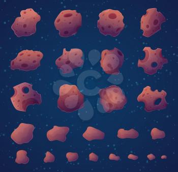 Asteroids. Space rocks stars and fantasy planets vector asteroids collection burning stones. Asteroid in space, rock meteor cosmos illustration