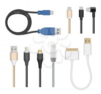 Connection cables. Computer and mobile devices charging cord electric cable plugs usb pc vector realistic collection. Usb connection cable, cord and wire, plug electric illustration