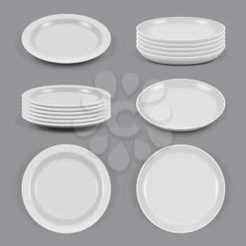 Ceramic plates. Realistic dishes for food kitchen utensils bowls and plates different corners view vector mockup. Tableware and kitchenware, pile of crockery, realistic dishware stack illustration