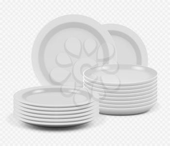 Stack plates. Kitchenware ceramic dishes for cooking mockup plates and bowls vector realistic. Ceramic tableware, kitchenware pile crockery, realistic clean dishware stack illustration
