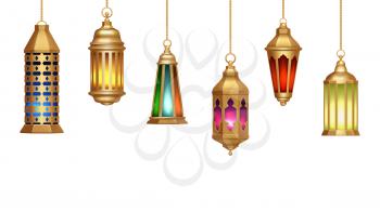 Oriental lamps. Arab lanterns hang on gold chains. Isolated realistic decorative lighting. Ramadan vector banner. Illustration lantern and lamp light muslim