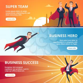 Superheroes business banners. Male characters business concept vector illustrations. Succes super leadership in red cloak, businessman in cape
