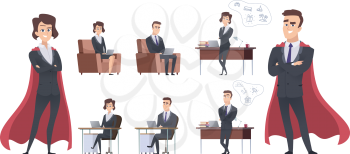 Male female business characters. Different office situation, manager superhero or team leader. Leadership and creating new ideas vector illustration. Character female and male superhero in office