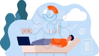 Tired man. Freelancer, remote worker sleep on sofa with laptop vector illustration. Freelancer worker work at home, person with laptop
