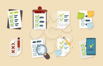Checklist icons. Notepad schedule customer marks research clipboard vector business checklist collection. Illustration checklist and check clipboard