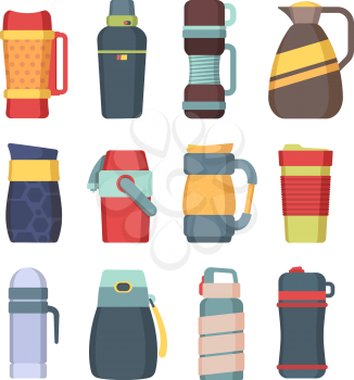 Thermos. Steel mug with handle for coffee kitchen utensil vacuum flask for liquids round bottles colored vector set. Thermo vacuum-bottle, vacuum-flask stainless illustration