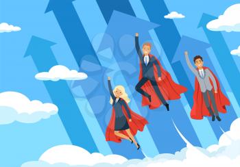 Business hero background. Flying managers power of superhero good teamwork successful people helping employees vector business concept. Hero business team, success businessman power illustration