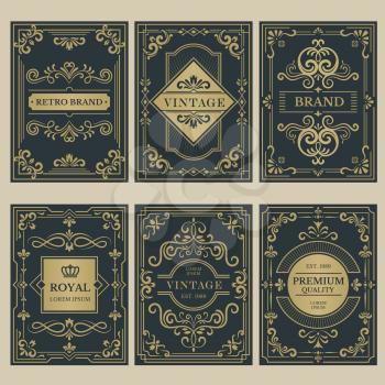 Crown vintage cards. Royal victorian style posters with floral calligraphic elements borders dividers corners vector templates. Premium quality card, vignette to wedding or certificate illustration