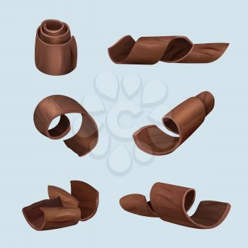 Shaving chocolate. Gourmet products delicious food dark curl of chocolate vector realistic illustrations. Chocolate piece delicious shaving, product ingredient collection curl