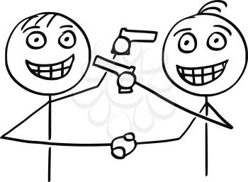 Cartoon vector of two men politicians businessmen smiling and shaking their hands and pointing guns at each other in same time.