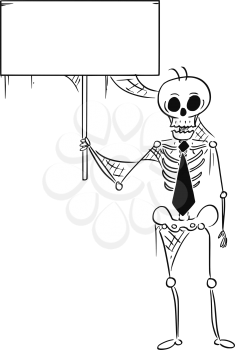 Cartoon illustration of human skeleton of dead businessman, clerk; salesman or manager holding an empty sign.