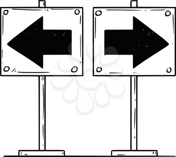 Cartoon drawing conceptual illustration of two left and right arrows. Business concept of decision.
