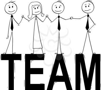 Cartoon stick man drawing conceptual illustration of group of businessman people standing on big word team. Business concept of teamwork, success and cooperation.