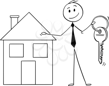 Cartoon stick man drawing conceptual illustration of businessman or real estate agent or broker offer a key and house property. Business concept of real estate agency.