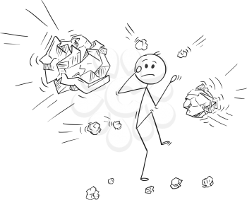 Cartoon stick man drawing conceptual illustration of businessman stoned or hit by crumpled paper balls.