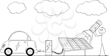 Cartoon stick drawing conceptual illustration of man charging electric car by power from solar power plant during overcast and using flash light as energy source.