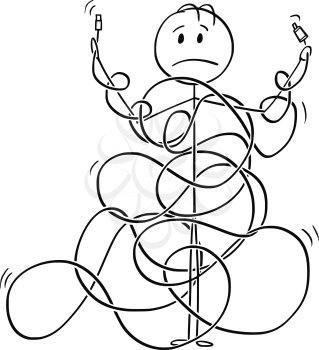 Cartoon stick drawing conceptual illustration of man or technician tangled in cord, line or cable. Metaphor of technology complexity.