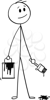 Cartoon stick man drawing conceptual illustration of smiling businessman with brush and paint can.Ready to add your text or drawing.