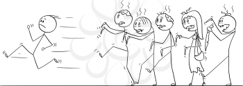 Cartoon stick drawing conceptual illustration of man running away from crowd of walking undead zombies.Halloween drawing.
