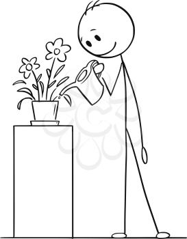 Cartoon stick figure drawing of man with can watering flower in pot or flowerpot.