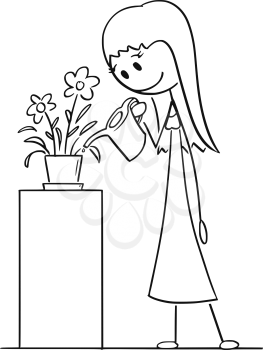 Cartoon stick figure drawing of woman with can watering flower in pot or flowerpot.