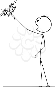 Cartoon stick figure drawing of surprised man watching beautiful butterfly sitting on finger on his stretched hand.