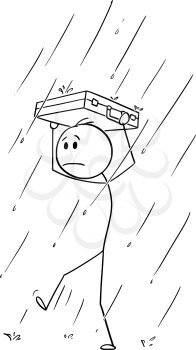 Vector cartoon stick figure drawing conceptual illustration of man or businessman walking in heavy rain with briefcase above his head protecting him. Metaphor of financial crisis.
