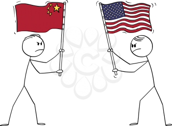 Vector cartoon stick figure drawing conceptual illustration of two angry men, politicians or businessmen holding flags of USA or United States and China. Concept of trade war and conflict.