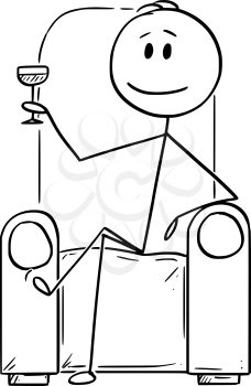 Vector cartoon stick figure drawing conceptual illustration of successful man or businessman or gentleman sitting in chair or armchair with drinking glass in hand.