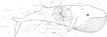 Vector cartoon stick figure drawing conceptual illustration of man sitting inside of the whale, biblical stroy of Jonas or Jonah and the whale.