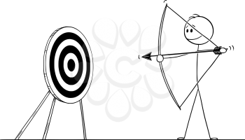 Vector cartoon stick figure drawing conceptual illustration of man or businessman shooting arrow at target with bow. Business concept of pointing at goal or success.